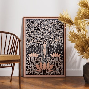Póster de yoga vintage, arte de árbol Bodhi grabado en linóleo, decoración de pared de meditación zen, ilustración espiritual retro, impresión de yoga boho, regalo único