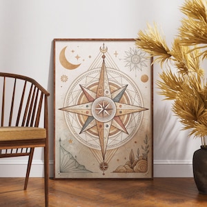 Arte mural de brújula vintage, póster náutico bohemio, impresión de navegación celestial, ilustración rústica de mapa estelar, decoración en tonos tierra