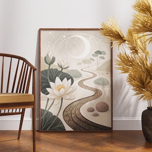 Arte mural de luna de loto, impresión de jardín zen sereno, póster minimalista de camino floral, decoración de naturaleza tranquila, paisaje de inspiración japonesa