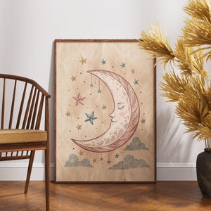 Skurril Mond Gesicht Wandbild, Kinderzimmer Nachthimmel Poster, Celestial Star Print, Vintage Boho Kinderzimmer Dekor, Verträumte Mond Kunstwerk