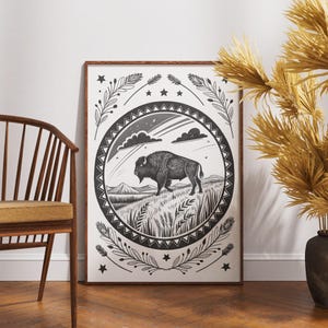 Buffalo art print, black and white prairie animal poster, folk western wall decor, rustic bison illustration with stars and grass