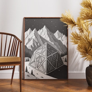Geometrischer Kunstdruck der Berge, schwarzweißes Sci-Fi Landschaftsposter, surreales Pyramidenwalddekor, kosmische Natur Wandkunst