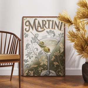 Póster vintage de martini, arte mural de cócteles retro, decoración clásica de bar, obra de arte de bebidas rústicas, impresión nostálgica de martini, arte elegante de bar para el hogar
