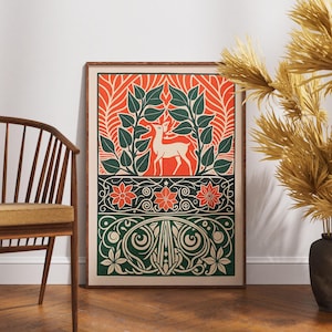 Póster de ciervo vintage, arte linograbado de prado ornamentado, decoración de pared de naturaleza retro, ilustración de bosque bohemio, impresión botánica elegante, idea de regalo