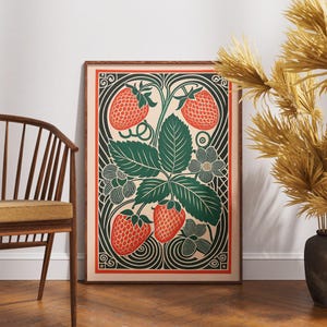 Vintage Strawberry Linocut Poster: Ornate Botanical Kitchen Print