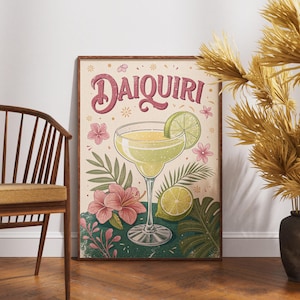 Póster vintage de daiquiri, arte mural de cócteles retro, impresión de recetas de bebidas clásicas, decoración de bar de mediados de siglo, impresión estética de salón en casa