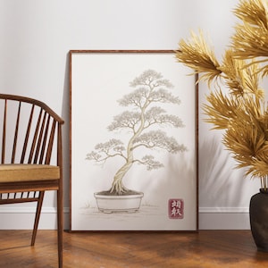 Bonsai tree art print, minimalist Japanese botanical illustration with gold line details, peaceful zen wall decor, tranquil plant artwork