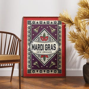 Vintage Mardi Gras Matchbox Poster, New Orleans Festival Art Print, Retro Carnival Mask Illustration, Bold Purple Wall Decor