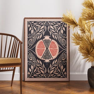 Vintage Pomegranate Poster, Linocut Ornate Bloom Art, Retro Botanical Wall Decor, Boho Fruit Illustration, Rustic Kitchen Print, Nature Gift