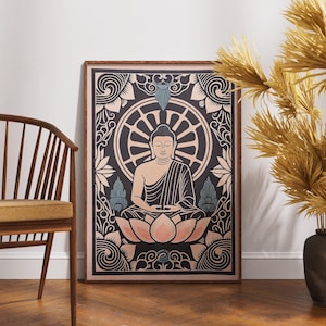 Poster vintage di Buddha, arte calma in linoleum in fiore, decorazione da parete zen, illustrazione floreale spirituale, stampa di meditazione boho, idea regalo retrò
