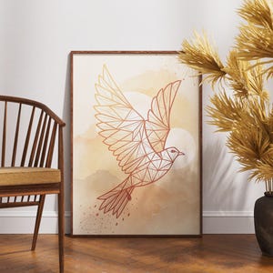 Arte mural geométrico de pájaros, impresión de dibujo lineal moderno, póster abstracto de pájaro volador, decoración de libertad neutra, obra de arte minimalista bohemio de naturaleza