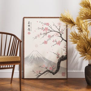 Mount Fuji and Sakura Blossom Wall Art, Japanese Nature Poster, Wabi Sabi Inspired Print, Zen Minimalist Decor, Cherry Tree Illustration