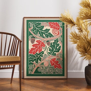 Vintage Herbst Blatt Poster, Linolschnitt Verzierte Collage Kunst, Retro Botanische Wanddekoration, Boho Natur Illustration, Herbstlaub Druck, Geschenkidee