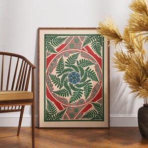 Póster de mandala de helecho vintage, impresión artística de sinfonía en linóleo, decoración de pared botánica zen, ilustración de naturaleza retro, arte vegetal bohemio, regalo único