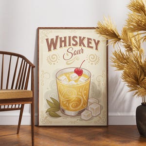 Póster vintage de whisky sour, arte mural de cócteles retro, decoración de bar clásica, obra de arte de bebidas rústicas, impresión de bebida nostálgica, arte para amantes del bourbon
