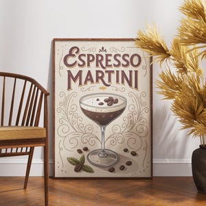 Póster vintage de espresso martini, arte mural de cócteles retro, impresión de recetas de bebidas clásicas, decoración de bar de mediados de siglo, impresión estética para el salón del hogar