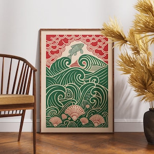 Póster vintage de olas del océano, impresión artística de danza de peces en linóleo, decoración de pared náutica retro, ilustración de vida marina bohemia, obra de arte marina costera