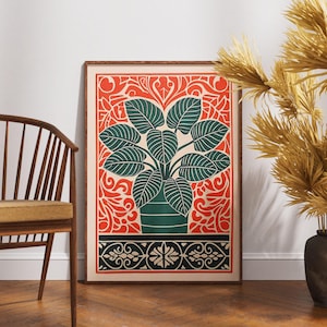 Póster vintage de plantas en macetas, impresión de arte botánico en linóleo, decoración de pared con plantas retro, ilustración de jardín interior bohemio, idea de regalo única en linóleo