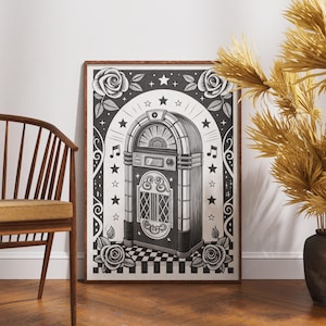 Retro jukebox art print, black and white vintage music poster, rockabilly diner decor, nostalgic 50s music wall illustration