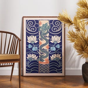 Póster vintage de dragón y carpa koi, arte de torre de loto en linóleo, decoración de pared de naturaleza zen, impresión retro de inspiración asiática, ilustración mítica bohemia