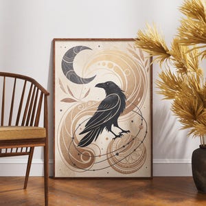 Arte mural de cuervo místico, impresión de cuervo lunar celestial, póster de pájaro gótico bohemio, decoración de naturaleza oscura, obra de arte animal espiritual