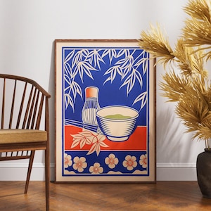 Vintage Matcha Tee Poster, Linolschnitt Bambus, ruhige Kunst, Zen Tee Wanddekor, Retro Natur Illustration, Boho Teeraum Druck, einzigartiges Wellness Geschenk