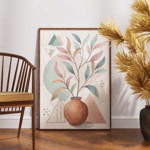 Arte mural abstracto de jarrón botánico, ilustración geométrica de planta, impresión minimalista en tonos tierra, póster de estética natural moderna.