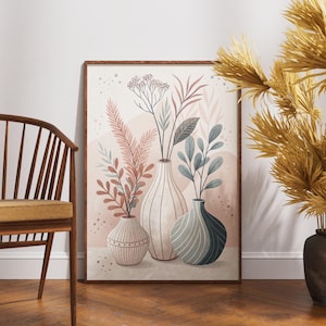 Arte de pared con jarrón bohemio, estampado botánico minimalista, decoración de plantas neutras, póster de arreglo floral terroso, obra de arte rústica moderna para el hogar.