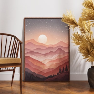 Berg Sonnenuntergang Wandkunst, Gelassene Landschaft, Rosa und Orange Horizont Poster, Natur Inspirierte Wald Szene, Minimalistisches Nachthimmel Dekor