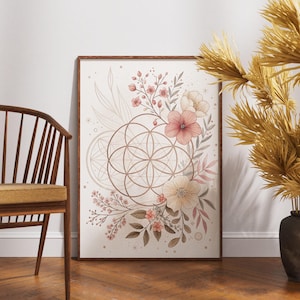 Heilige Geometrie Blumenkunst, Blume des Lebens Poster, Boho Botanische Wandkunst, Sanfte Erdtöne Druck, spirituelle Natur Dekor