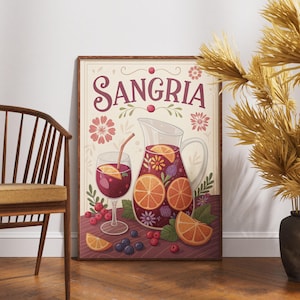Vintage Sangria Poster, Retro Beverage Wall Art, Classic Wine Decor, Rustic Kitchen Artwork, Nostalgic Sangria Print, Spanish Drink Art