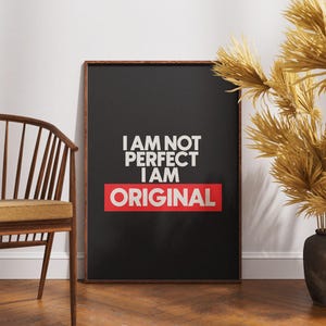 No soy perfecto, soy arte de pared original, impresión con cita de amor propio audaz, póster de tipografía moderna en rojo y negro, decoración de confianza