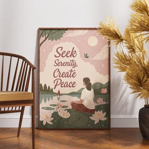Póster Seek Serenity, arte mural de meditación pacífica, decoración de lago tranquilo, impresión inspiradora zen, obra de arte de vida consciente