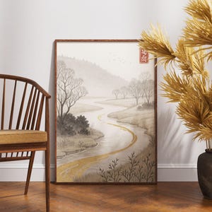Goldener Fluss Wandkunst, Japanische Landschaft Poster, Naturdruck im Kintsugi-Stil, Wabi Sabi inspirierte Dekoration, minimalistisches Zen-Kunstwerk