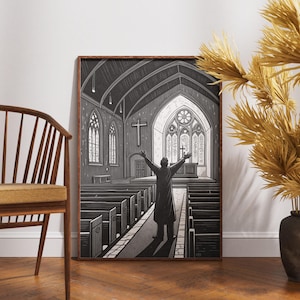 Gothic church interior art print, black and white worship scene poster, stained glass cathedral wall decor, spiritual priest art