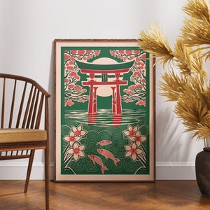 Vintage Torii & Koi Poster, Linolschnitt Lotus Reflections Art, Zen Japanische Wanddekoration, Retro Natur Illustration, Boho Meditation Print, Unikat