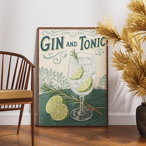 Póster vintage de gin tonic, arte de pared de bar retro, impresión clásica de cóctel, decoración rústica de bebidas, regalo para amantes de la ginebra, obra de arte nostálgica para el hogar