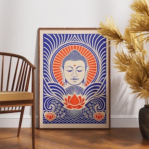 Póster vintage de Buda, arte de refugio de loto en linóleo, decoración espiritual de pared, ilustración retro de Buda, impresión de meditación bohemia, regalo de atención plena