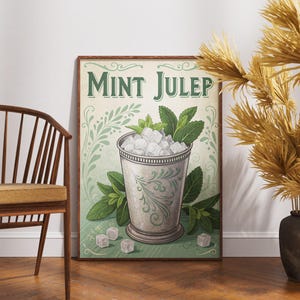 Póster vintage de julepe de menta, arte de pared de cócteles retro, decoración de bar clásica, obra de arte de bebidas rústicas, impresión de bebida nostálgica, arte de bar hogareño sureño