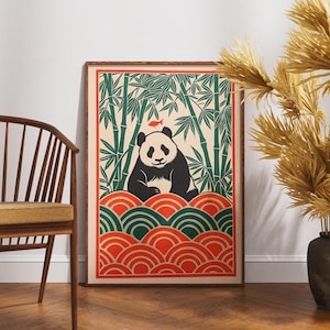 Vintage Panda Poster, Linolschnitt Bambus Koi Gartenkunst, Retro Wildtier Wanddekoration, Boho Natur Illustration, Zen Tierdruck, Einzigartiges Geschenk