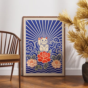 Póster vintage de Maneki-Neko, arte de camelias en linóleo, decoración de pared retro de gato de la suerte, ilustración japonesa bohemia, impresión floral de la fortuna, idea de regalo