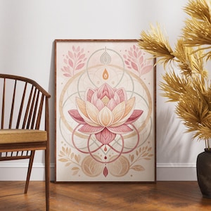 Art mural fleur de lotus, impression bohème géométrie sacrée, affiche florale spirituelle, décoration mandala rose et neutre, oeuvre d'art yoga pleine conscience