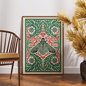 Póster de escarabajo vintage, arte de enredaderas intrincadas en linóleo, decoración de pared de insectos retro, ilustración botánica bohemia, impresión para amantes de la naturaleza, regalo único