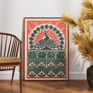 Póster de pavo real vintage, arte ornamental real grabado en linóleo, decoración de pared de pájaros retro, ilustración de naturaleza bohemia, impresión botánica elegante, regalo único