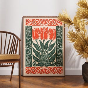 Póster vintage de tulipanes rubí, arte floral adornado con linograbado, decoración de pared botánica retro, ilustración de flores boho, impresión elegante de naturaleza, idea de regalo