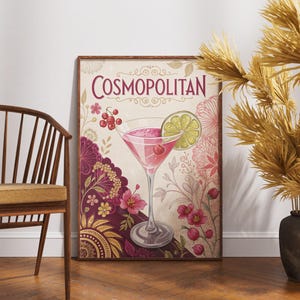 Vintage Cosmopolitan Cocktail Poster, Retro Bar Wandkunst, Klassisches Cocktailrezept Druck, Mid-Century Drink-Dekor, Hausbar Kunst