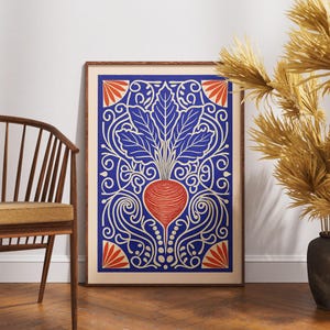 Póster vintage de remolacha, intrincado arte de cosecha en linóleo, ilustración retro de vegetales, decoración de pared de cocina bohemia, impresión botánica de granja