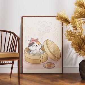 Calico cat in bamboo steamer art, Funny kawaii kitchen decor, Cute foodie cat print, Japandi humor poster, Minimalist cozy wall art