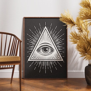 All seeing eye art print, mystical triangle wall decor, esoteric black and white illustration, spiritual awakening poster