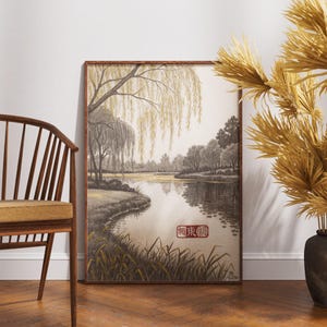 Arte mural de sauce junto al lago, póster de paisaje japonés, impresión de naturaleza wabi sabi, decoración tranquila inspirada en Kintsugi, obra de arte de estilo zen